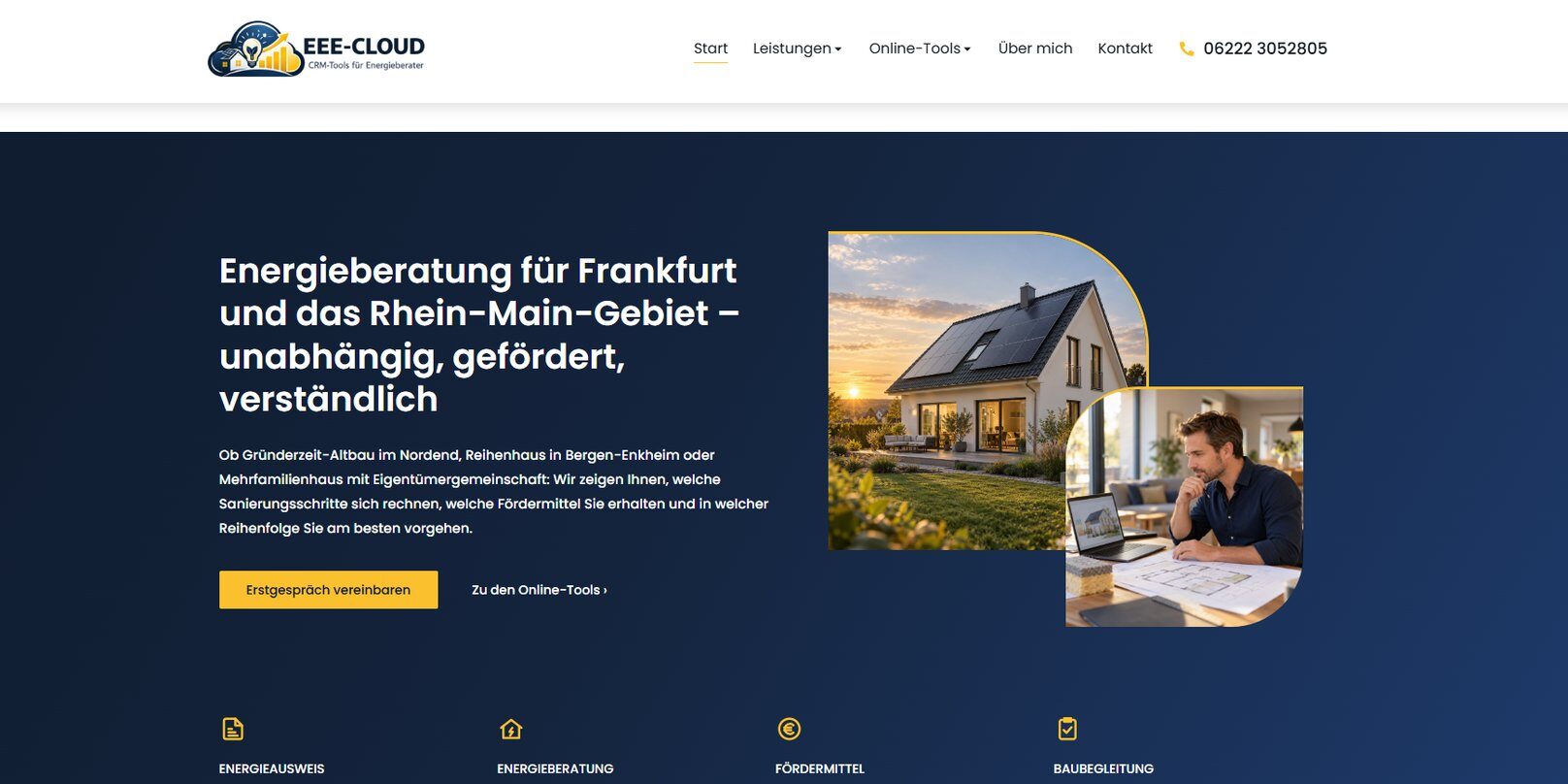 Startseite der Website-Demo Frankfurt für Energieberater in Dunkelblau und Gold