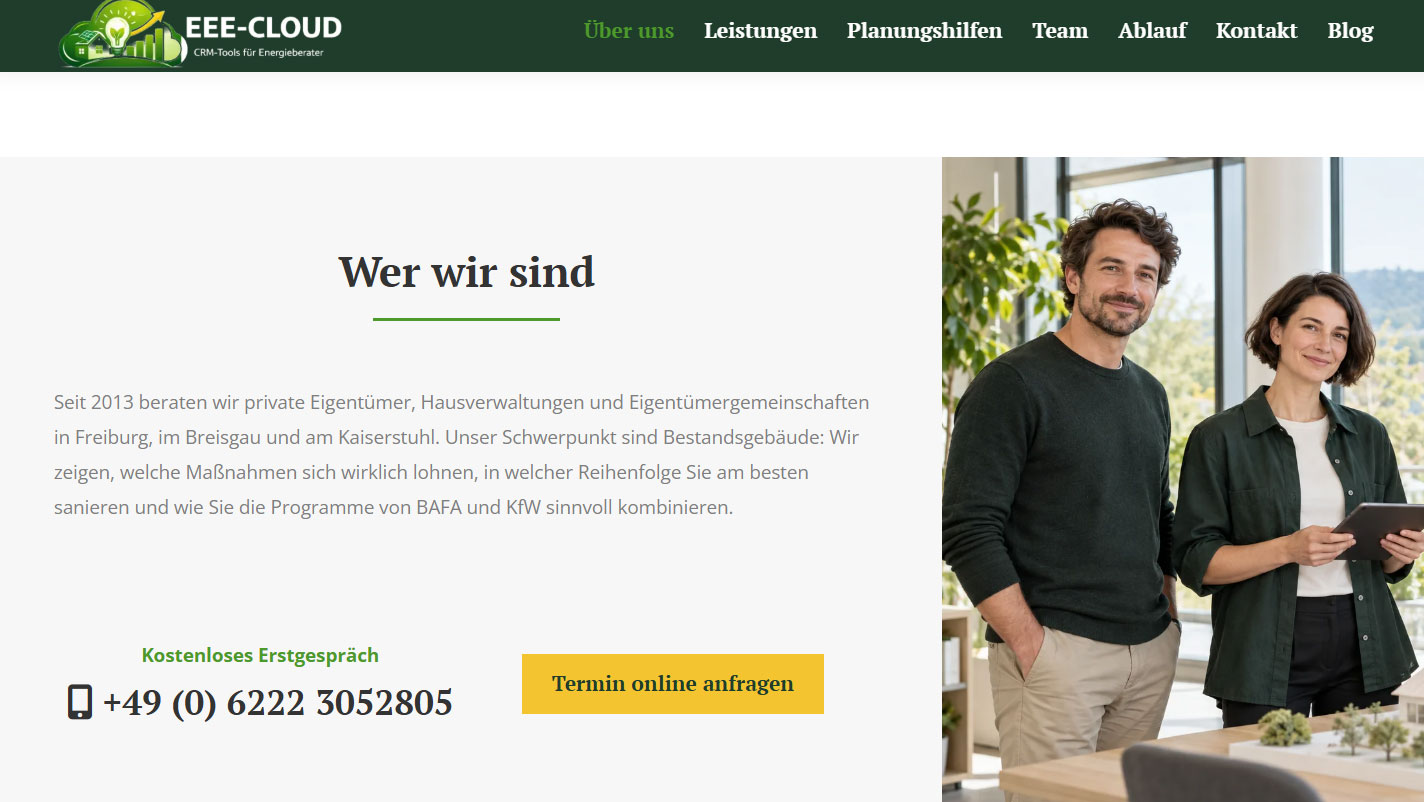 Abschnitt „Wer wir sind“ der Webdesign-Demo Freiburg mit Teamfoto